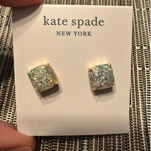 Kate Spade Glitter Stud Earring Mini Square Silver Opal Designer Jewelry Studs - Picture 2 of 13